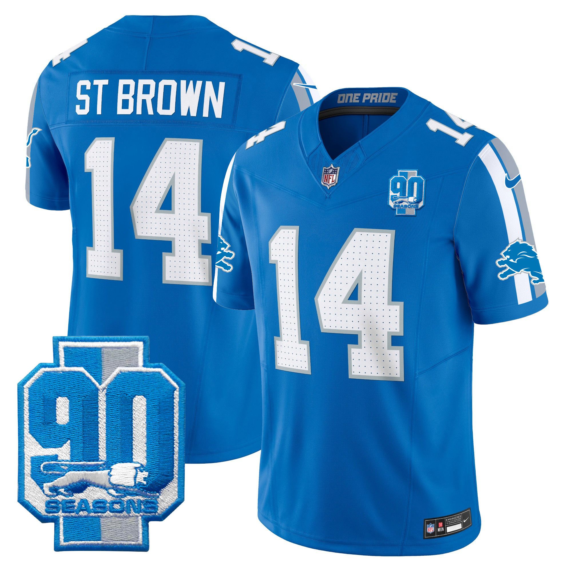 Men Detroit Lions #14 ST Brown Blue 2024 Nike 90th Year Patch Vapor Limited NFL Jersey